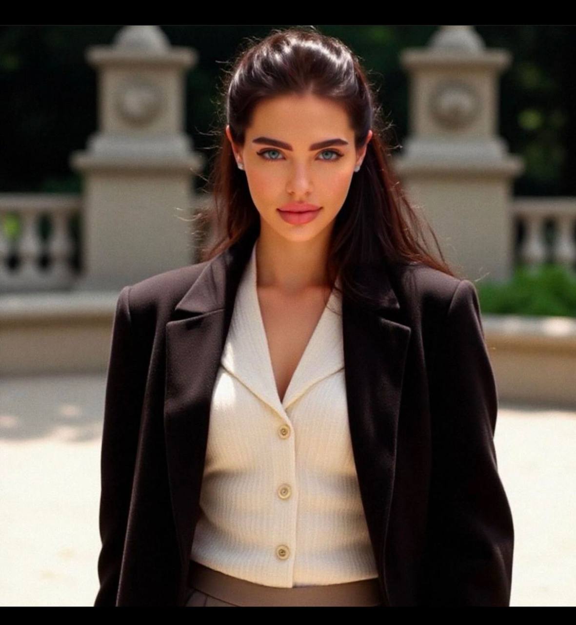Beautiful woman with long dark brown hair and vivid green eyes wearing an elegant black oversized blazer over a cream blouse, standing in front of a luxury European-style mansion, soft natural daylight, premium business fashion editorial, sophisticated, ultra realistic.