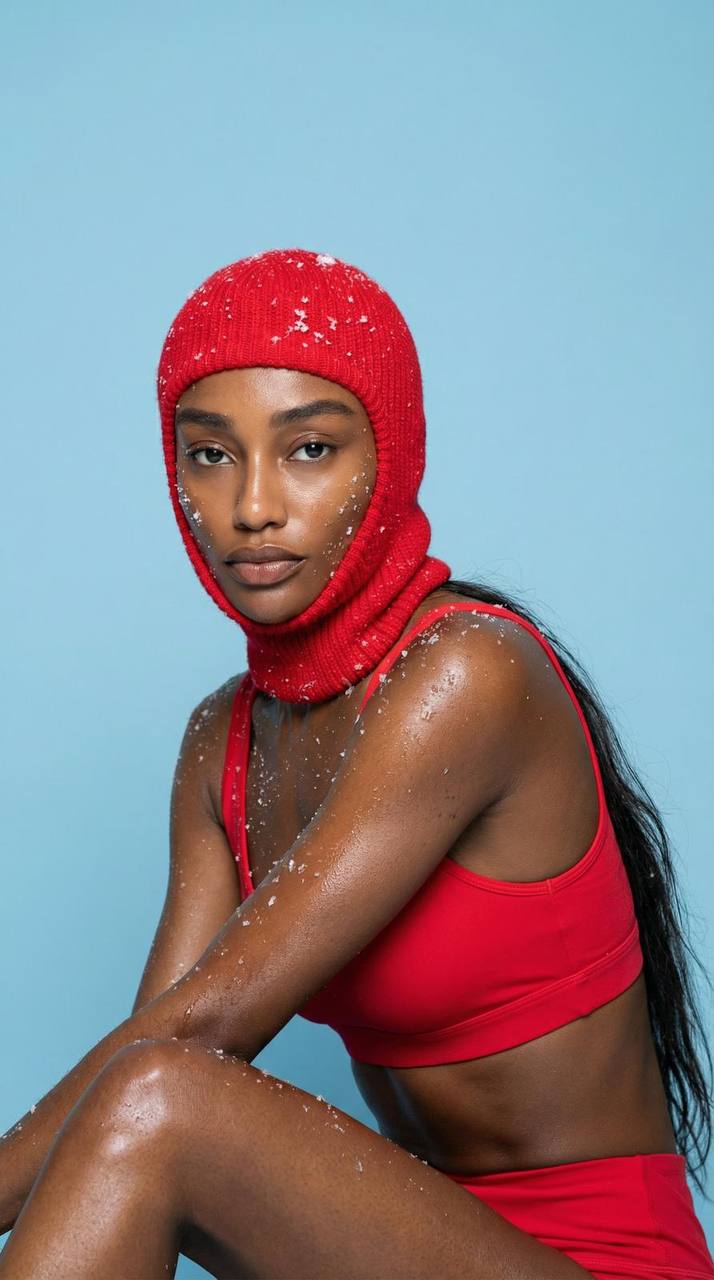 Editorial portrait of stunning Black fashion model wearing red knit balaclava and matching sportswear with artistic winter beauty styling
