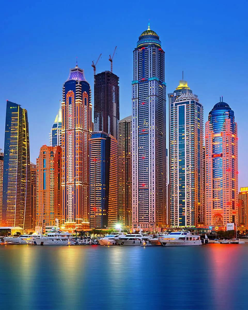 Dubai Marina skyline at dusk with illuminated skyscrapers, twisted Cayan Tower and yachts on the water