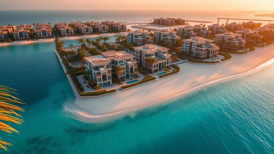Aerial view of luxury beachfront villas on Palm Jumeirah with white sand and turquoise water at sunset, Dubai