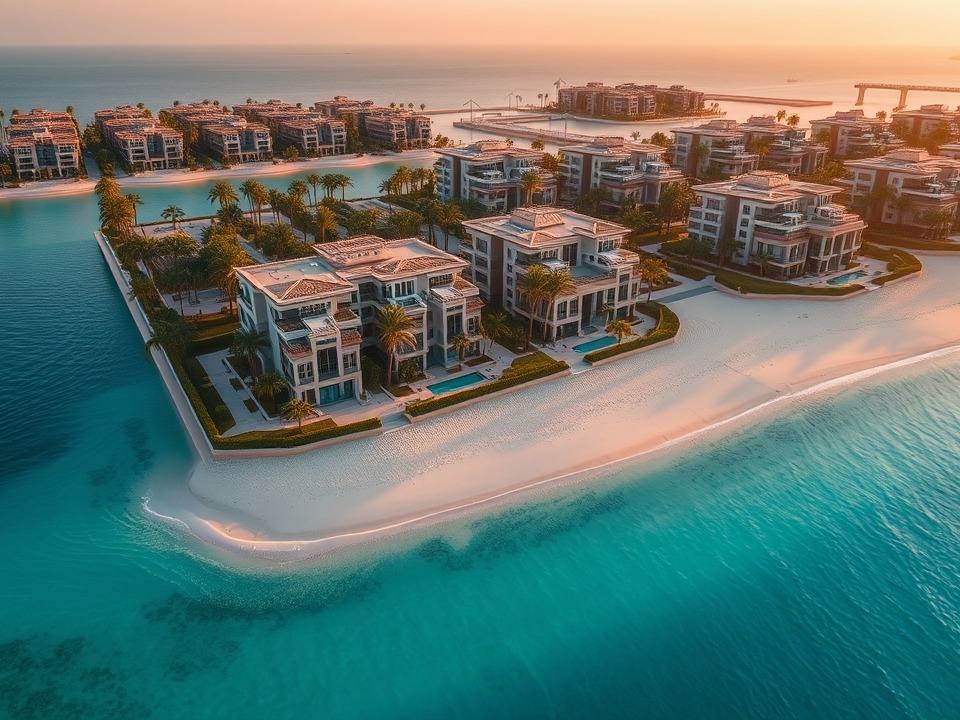 Aerial view of luxury beachfront villas on Palm Jumeirah with white sand and turquoise water at sunset, Dubai